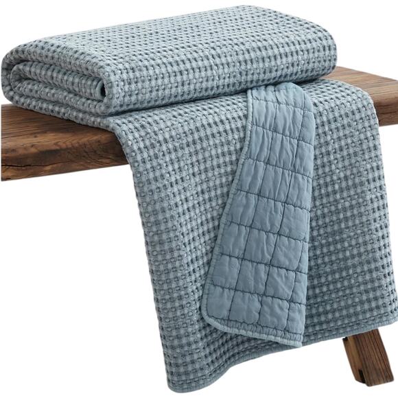 Levtex Mills Waffle Stitched Quilted Throw Blue 60" x 50" - Picture 3 of 5